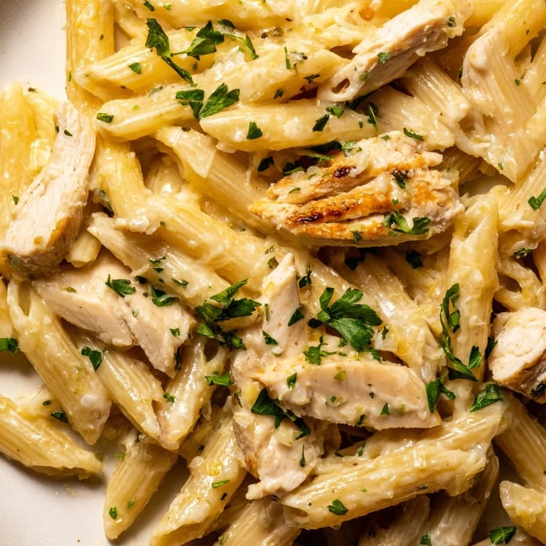 Hearty Roasted Garlic Chicken Penne served in a white bowl, garnished with fresh parsley and a sprinkle of Parmesan, ready to enjoy.