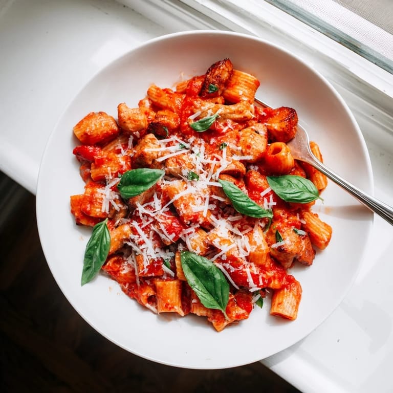 A hearty serving of Tomato Basil Chicken Pasta, paired with a glass of white wine for a perfect weeknight dinner.  