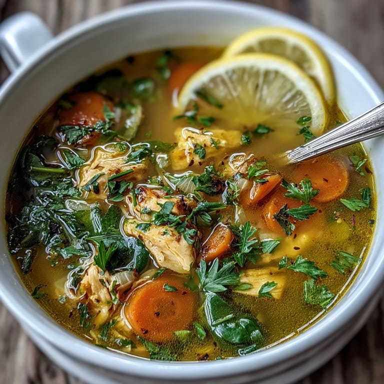 A bowl of vibrant, spiced Turmeric Chicken Soup, garnished with fresh herbs.