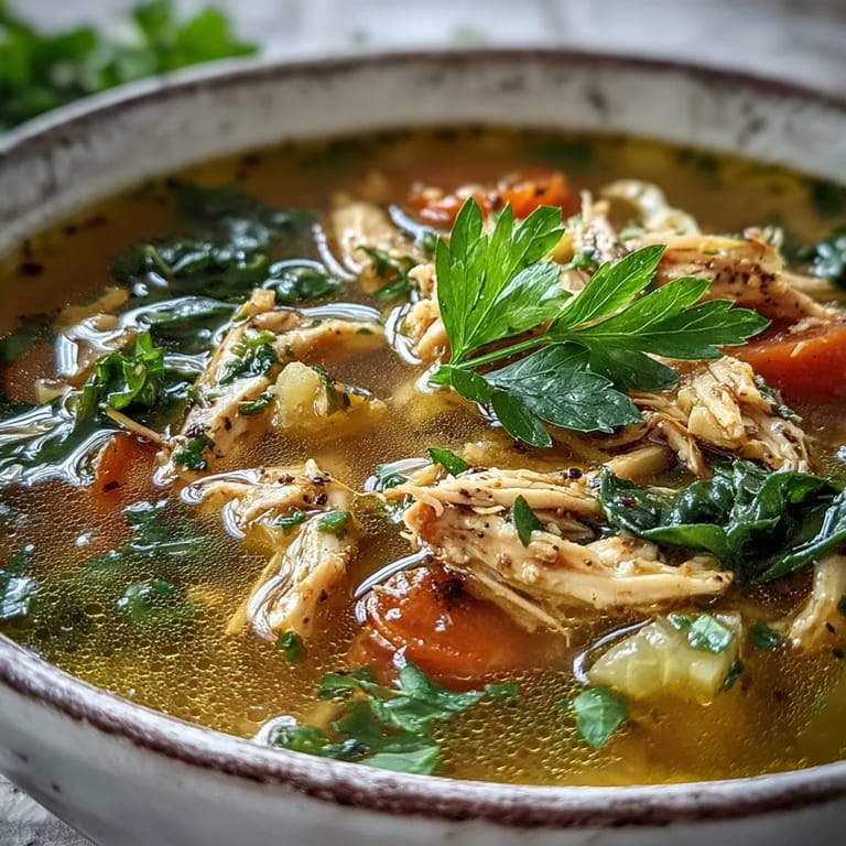 Bright High Protein Lemon Turmeric Chicken Soup, garnished with fresh herbs and lemon.