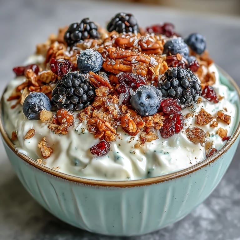 Hearty yogurt bowl with colorful berries and toasted nuts, a perfect winter breakfast.