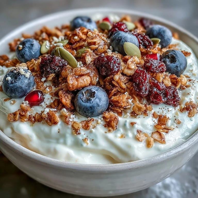 Delicious yogurt bowl featuring tart berries and fragrant spiced crunch, ready to enjoy.
