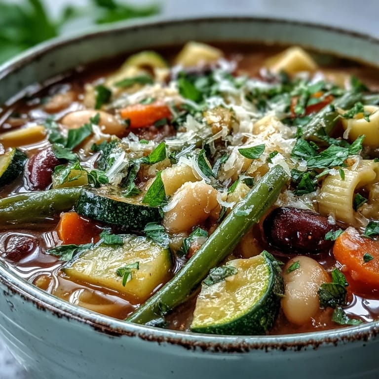 A ladleful of classic Minestrone Soup reveals colorful vegetables, tender pasta, and creamy beans in a rich tomato broth.