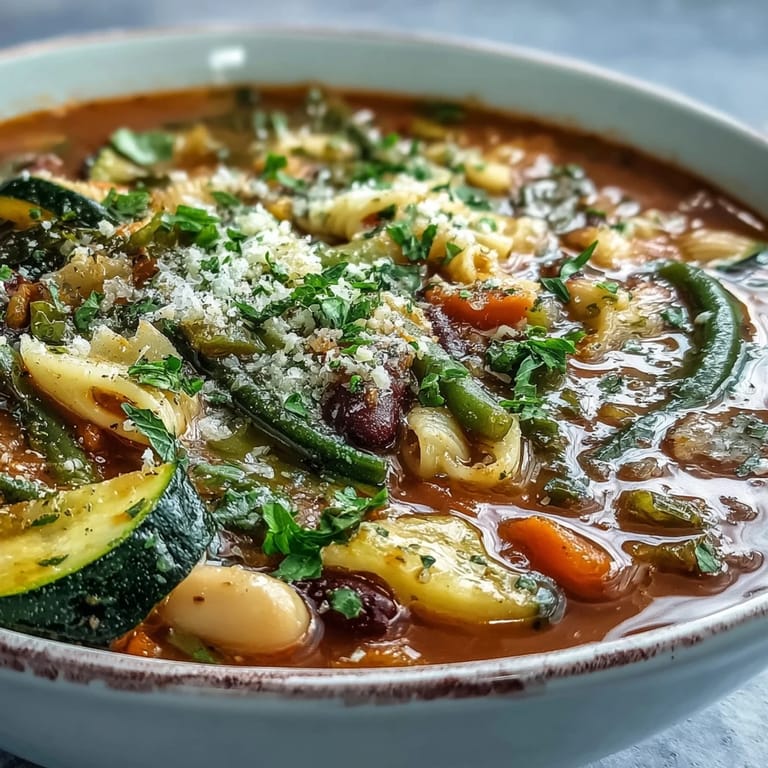 Steaming bowl of homemade Minestrone Soup with kale, zucchini, and beans, ready to serve with olive oil.