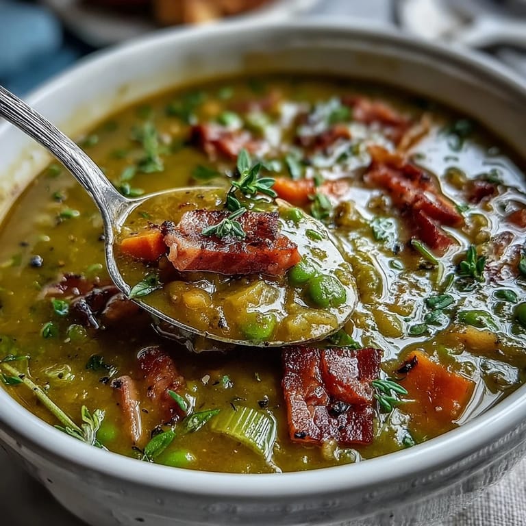 Comforting Split Pea and Ham Soup ladled into a warm ceramic bowl, ready for a chilly winter evening.