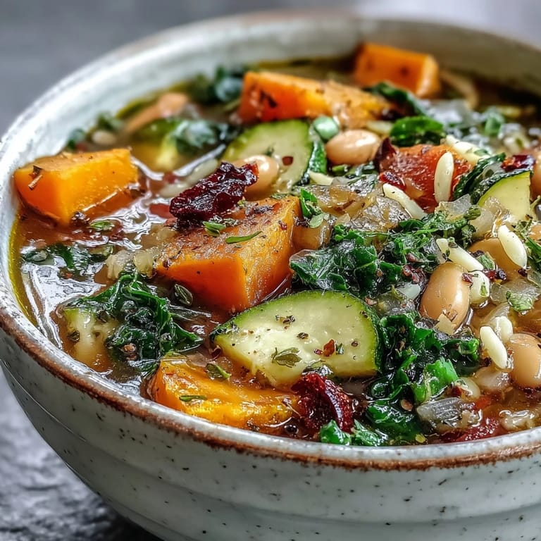 Close-up of Winter Minestrone Soup showcasing tender vegetables and pasta in a savory tomato-based broth, with a sprinkle of herbs.