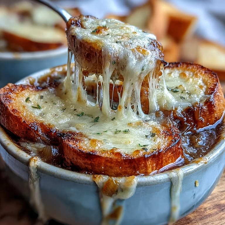 A rich bowl of Dutch Oven French Onion Soup with melted cheese and toasted bread under a broiler.