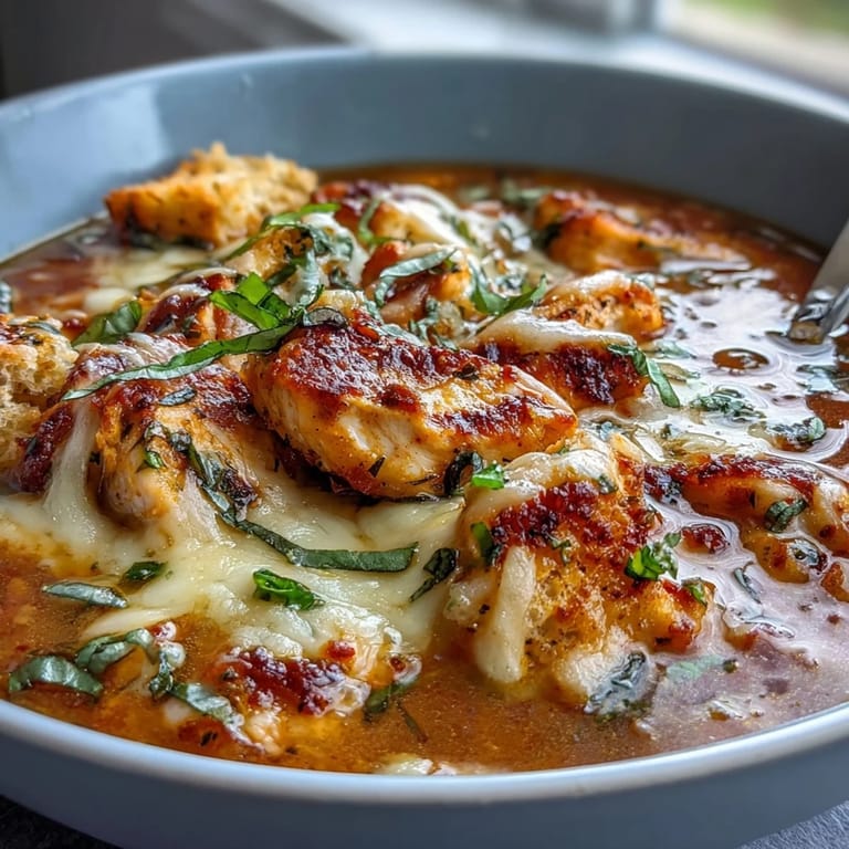 Close-up of bubbling Grilled Chicken Parmesan Soup, featuring shredded grilled chicken, tomatoes, and herbs in a rustic pot.