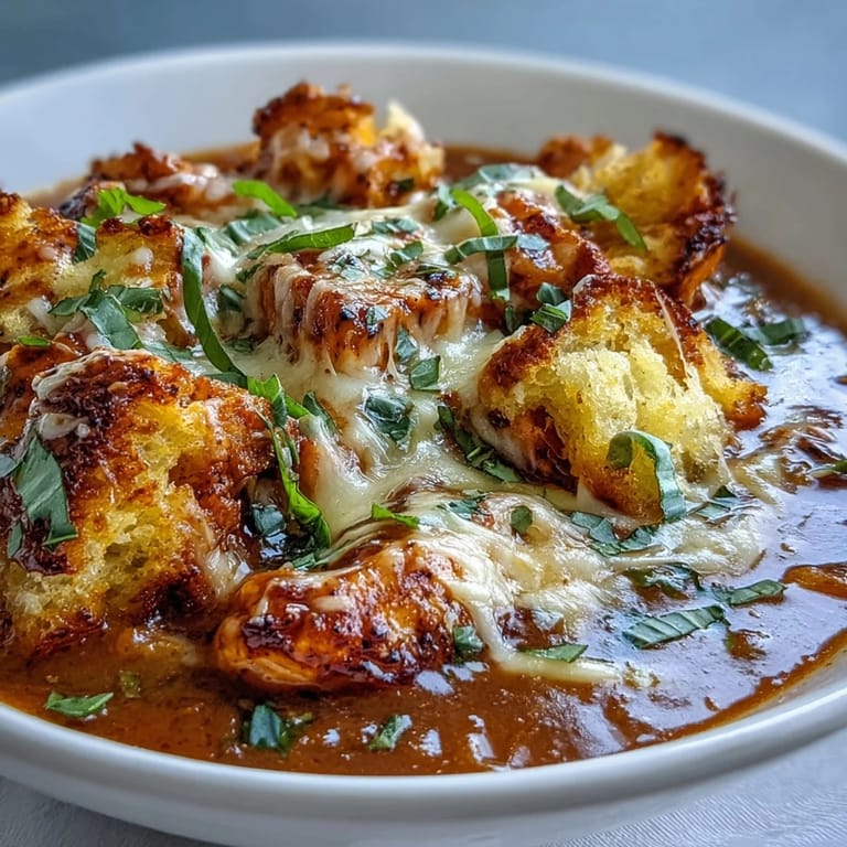 Ladle pouring steaming Grilled Chicken Parmesan Soup into a bowl with melted Parmesan and mozzarella, ready to serve.