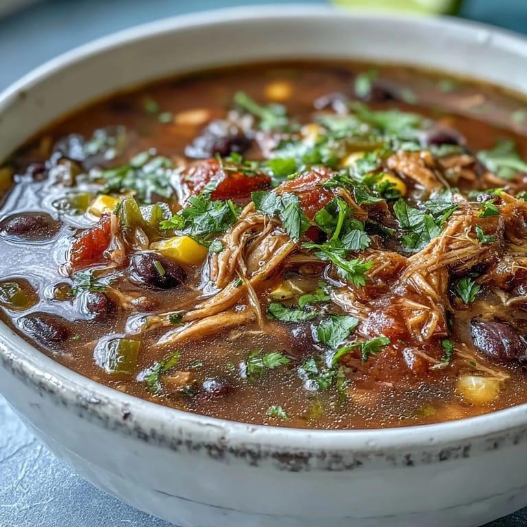 A ladle of hot Southwestern Turkey Soup garnished with lime wedges, cilantro, and shredded cheese.