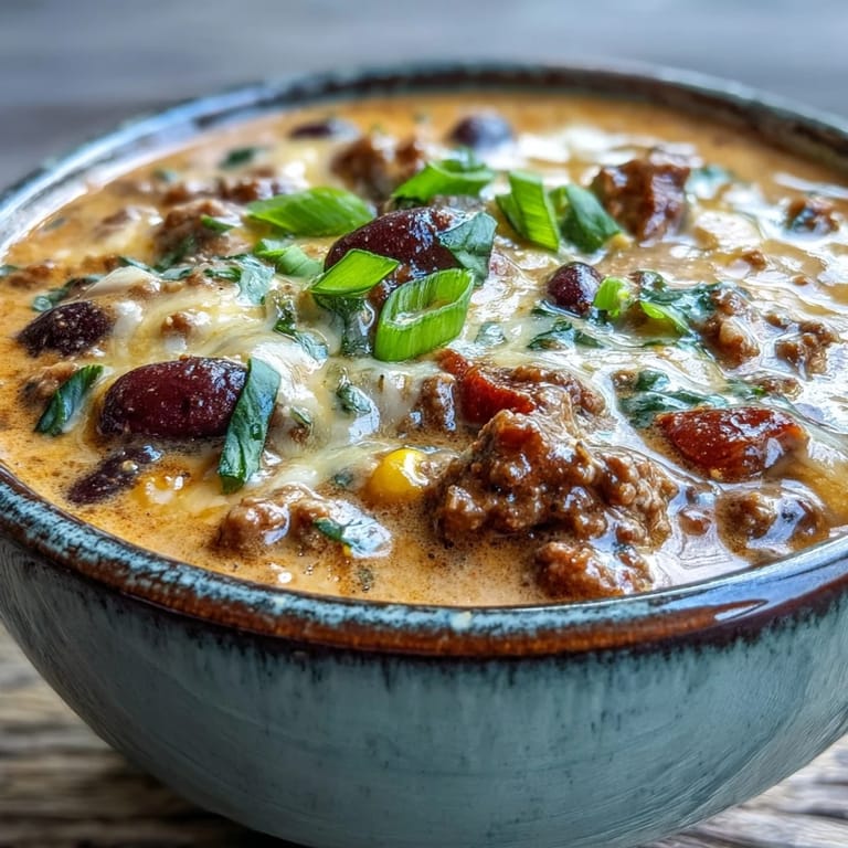 Close-up of Creamy Taco Soup showing ground beef, black beans, and corn in a rich, creamy broth with a lime wedge garnish.