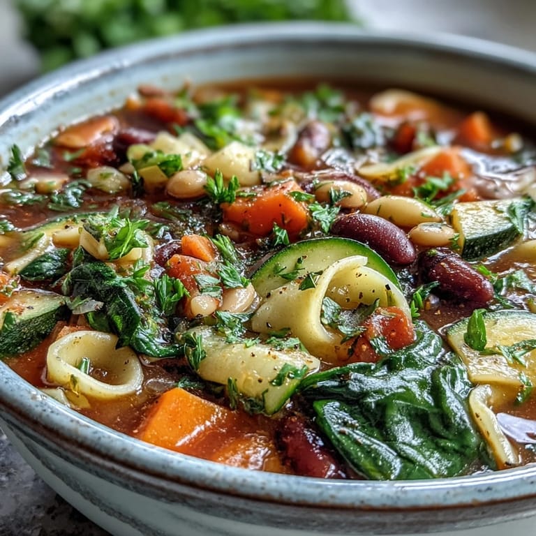 Close-up of hearty Minestrone Soup with spinach, tomatoes, and beans in a rustic pot.