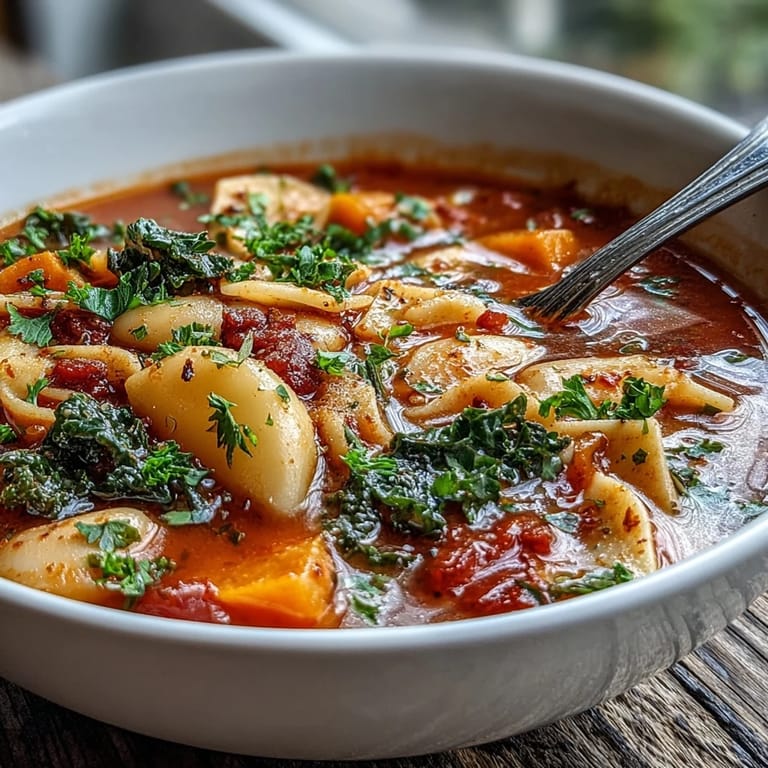 A ladle lifting Winter Minestrone Soup With Butternut Squash and Kale from a rustic pot, revealing chunky squash and bright kale leaves.