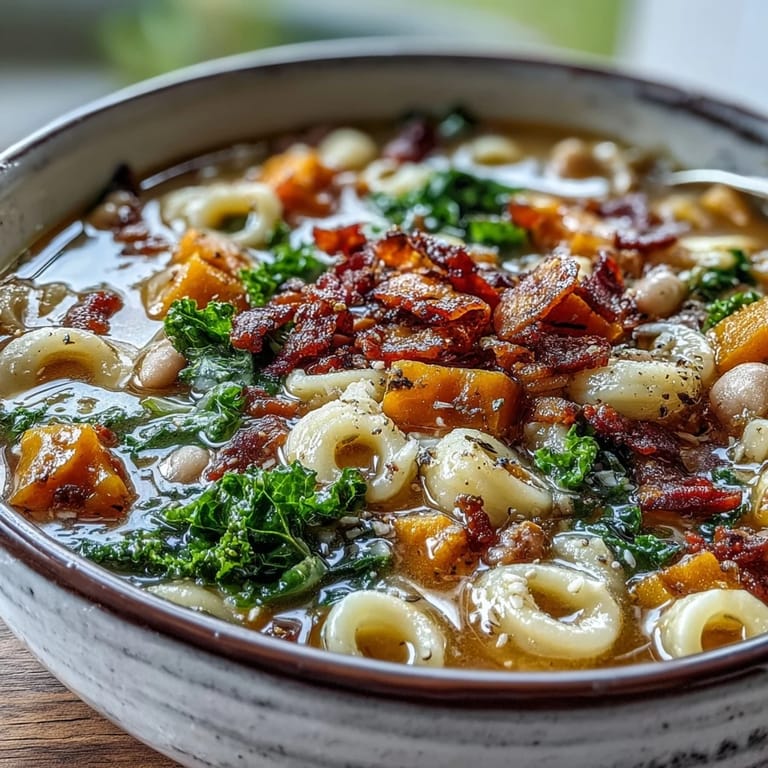 Hearty Fall Minestrone topped with crispy pancetta, served alongside crusty artisan bread.