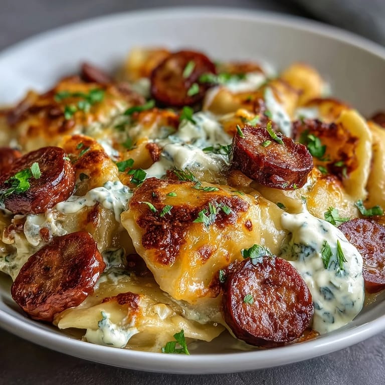 Hearty Crockpot Pierogi Casserole With Kielbasa served steaming hot topped with fresh chives.