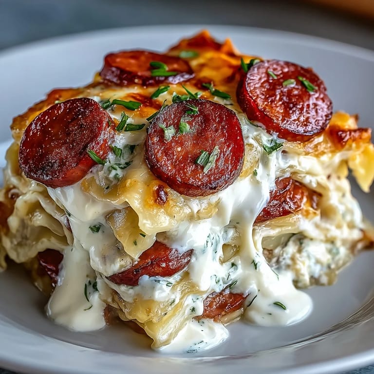 Savory Crockpot Pierogi Casserole With Kielbasa layered with pierogi and sliced kielbasa pieces.