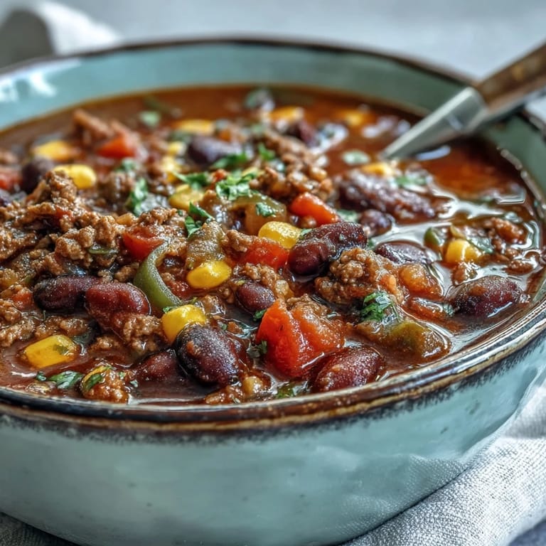 A pot of Taco Soup simmering on the stove with diced tomatoes, kidney beans, and red bell pepper for a hearty Tex-Mex meal.