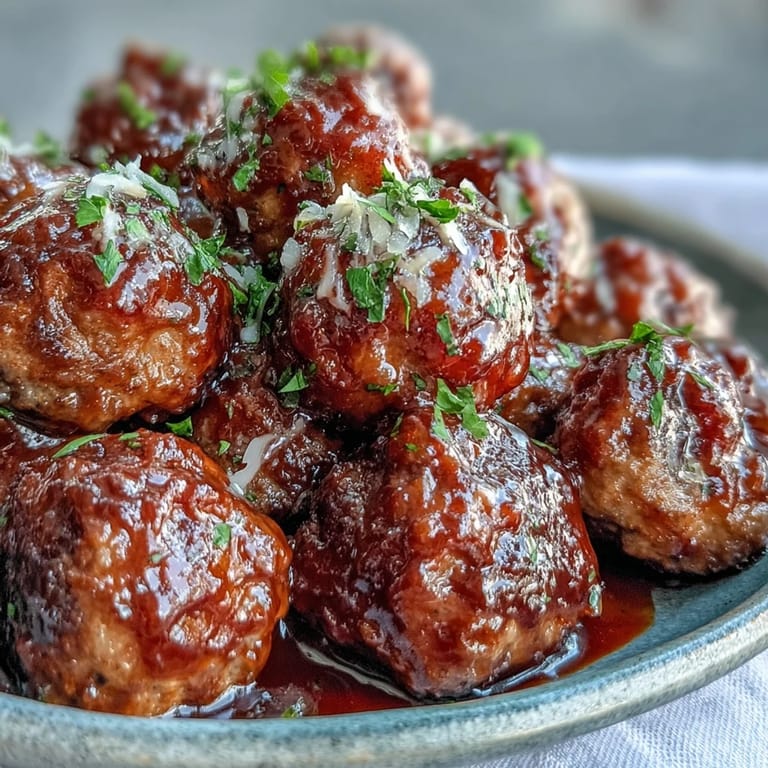 Homemade Slow Cooker Peach Glazed Meatballs plated over fluffy rice, garnished with parsley for an easy dinner.