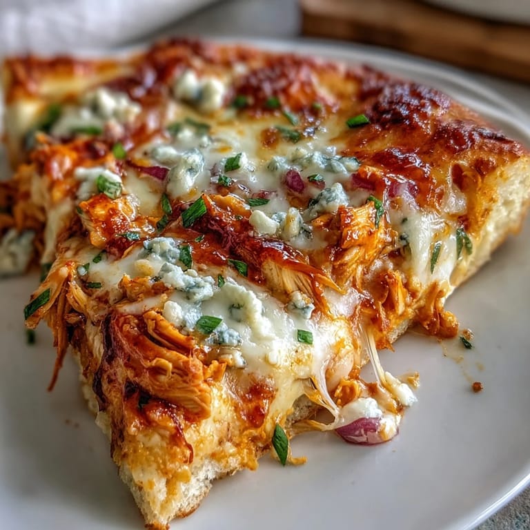 A single slice of Buffalo Chicken Pizza is lifted, revealing gooey cheese, ranch drizzle, and red onion slices.