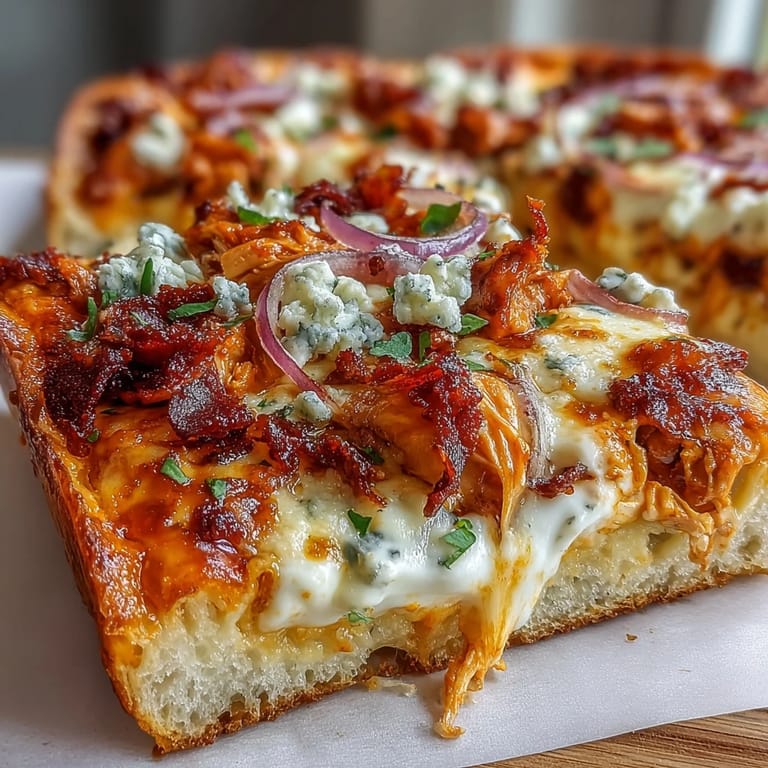 Buffalo Chicken Pizza is served hot with celery sticks, a perfect game day meal on a rustic table.