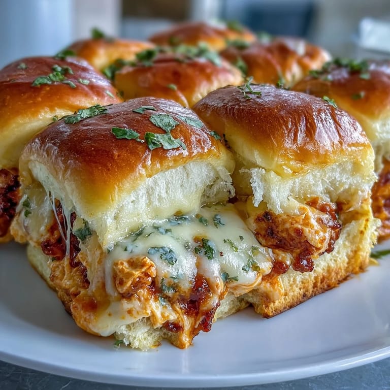 Freshly baked Pizza Dip Sliders reveal a creamy Buffalo chicken dip filling inside golden slider buns on a serving platter.