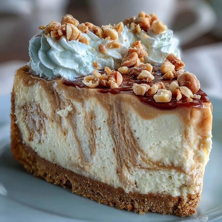 Smooth Nutter Butter Cheesecake with a golden baked texture and peanut butter swirls, ready to serve after chilling in the fridge.