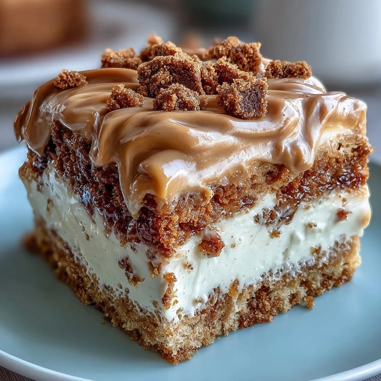The whole Decadent Baked Biscoff Cake is decorated with crunchy biscuit pieces, ready to be sliced for a cozy dessert serving with coffee.