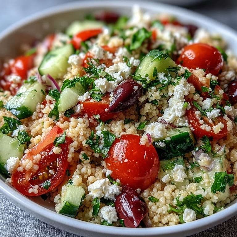 Savory Mediterranean Pearl Couscous side dish featuring toasted couscous, fresh parsley, and red onion, ready to be enjoyed at a sunny lunch.