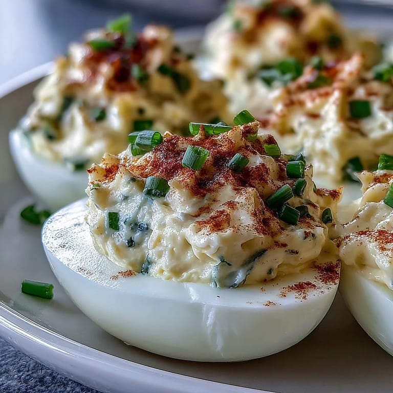 Creamy yolk filling made with mayo and cream cheese is piped into tender egg white halves.