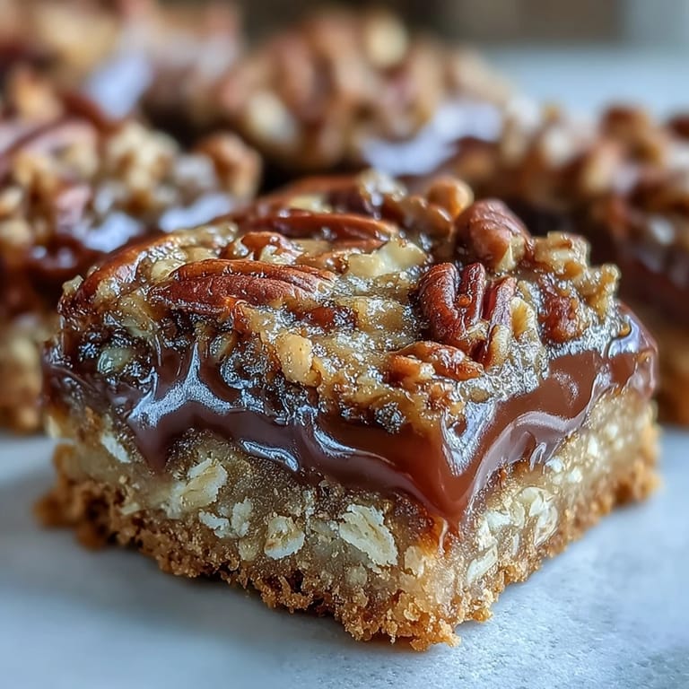 Gooey Decadent Sweet and Chewy Turtle Bars with Chocolate and Caramel are drizzled with extra chocolate and sprinkled with pecans.