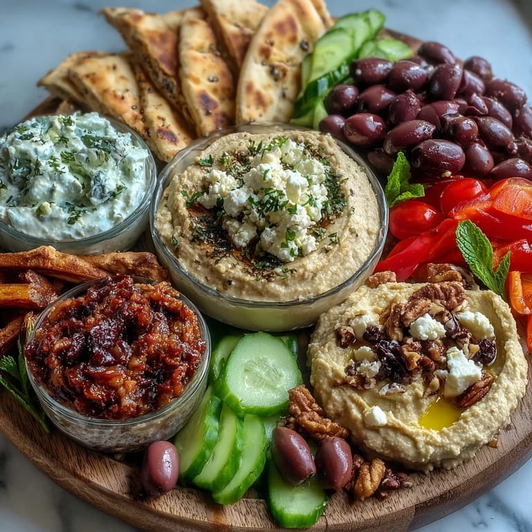 A vibrant Mediterranean Brunch Board with Dips and Flatbreads showcases smoky baba ganoush, tangy tzatziki, and hummus, surrounded by kalamata olives, crunchy nuts, and colorful bell pepper strips.