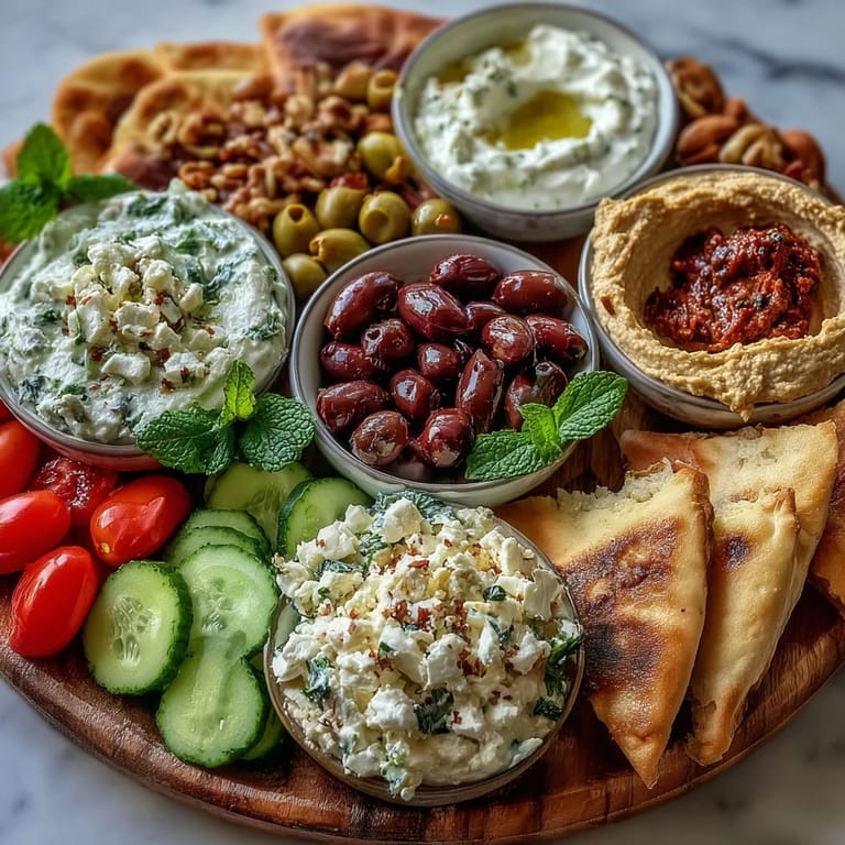 This overhead view highlights a Mediterranean Brunch Board with Dips and Flatbreads featuring artfully spooned dips, fresh cucumber rounds, crumbled feta, and golden pita triangles ready to serve.