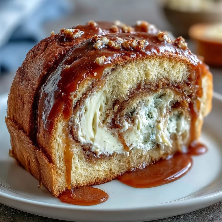 Two golden loaves of Caramel Cream Cheese Bread are sliced open, displaying the decadent cream cheese center and moist texture.
