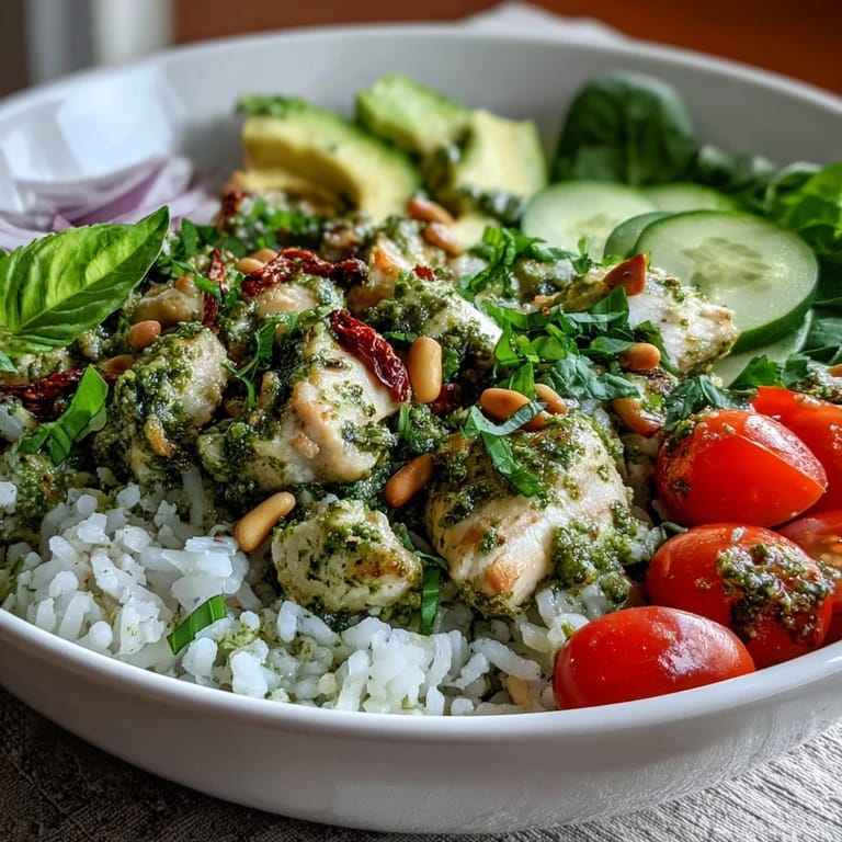Colorful Pesto Chicken Bowl featuring juicy herb-marinated chicken, tomatoes, cucumber, avocado, and greens for a healthy meal.