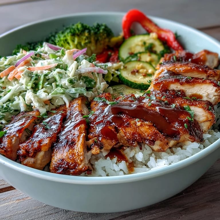 Sizzling BBQ Chicken Bowl topped with colorful roasted bell peppers and zucchini, served steaming hot for dinner.