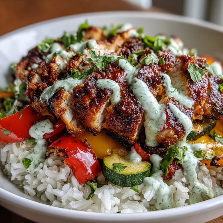 Sizzling skillet of blackened chicken and vegetables beside a bowl of rice and creamy lime sauce.