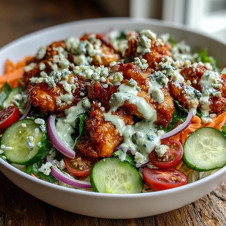 Spicy Buffalo Chicken Bowl with shredded carrots, cucumbers, red onion, and tangy blue cheese crumbles on a bed of rice.