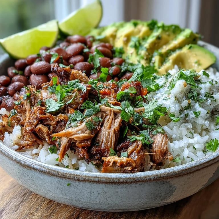 Colorful pinto beans and fresh salsa top a hearty Carnitas Bowl, ready to be enjoyed.
