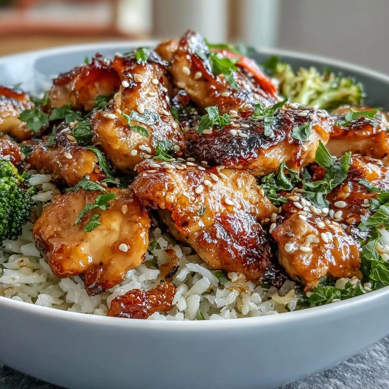Golden honey garlic chicken served over steaming jasmine rice with colorful steamed broccoli, carrots, and bell peppers.  