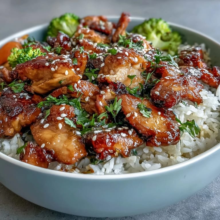 Savory-sweet honey garlic chicken nestled in a rice bowl with fresh vegetables, garnished with green onions and toasted sesame seeds.