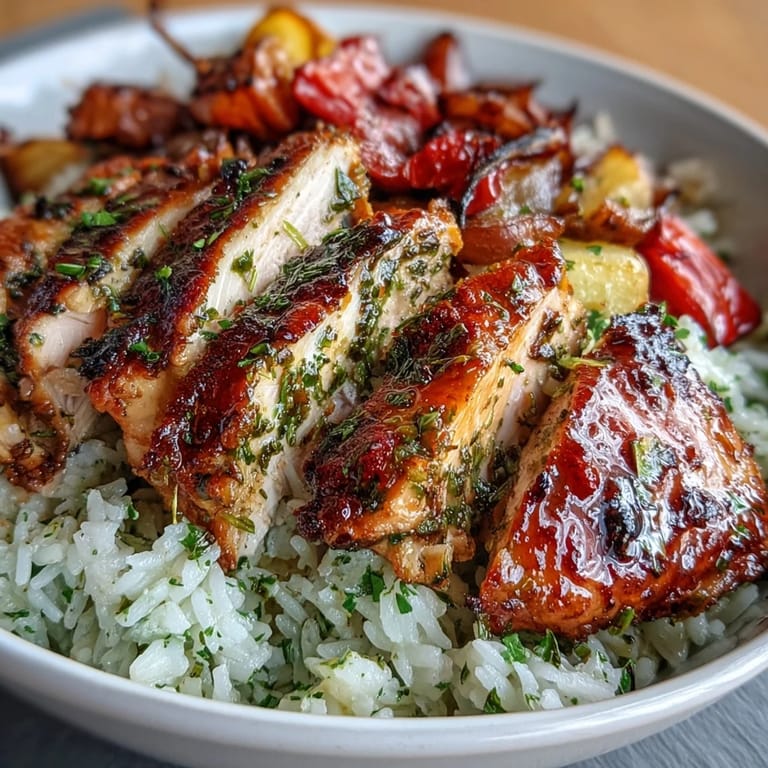 Savory Lemon Herb Roasted Chicken Bowl with juicy chicken, roasted peppers, zucchini, and rice, drizzled with tangy lemon dressing. A nourishing, easy-to-make meal.