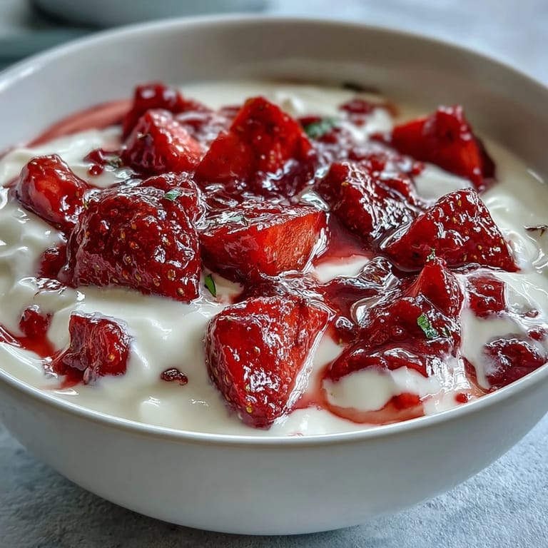 Bright red strawberry compote swirls over thick Greek yogurt, garnished with mint leaves for a refreshing and healthy parfait.