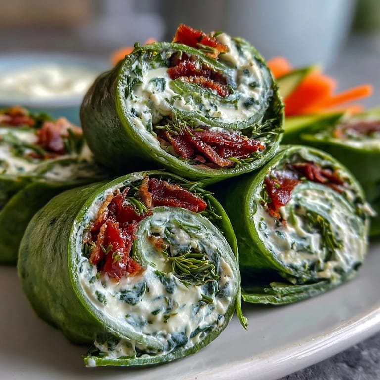 Colorful spinach tortilla pinwheels filled with herb cream cheese, crunchy carrots, bell peppers, and cucumber—perfect finger food for any occasion.