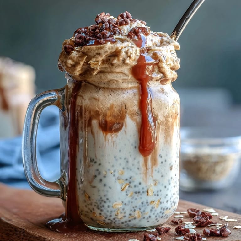 Creamy overnight oats jar layered with vanilla bean, coffee infusion, and a fluffy whipped cream finish.