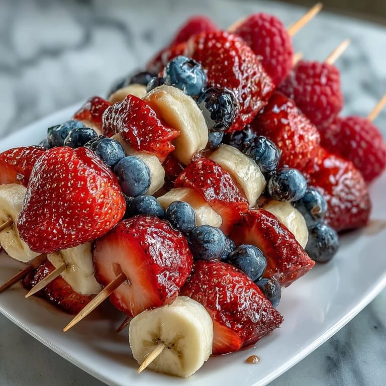 Easy red, white, and blue fruit skewers with strawberries, bananas, and blueberries, ideal for Fourth of July gatherings and cookouts.