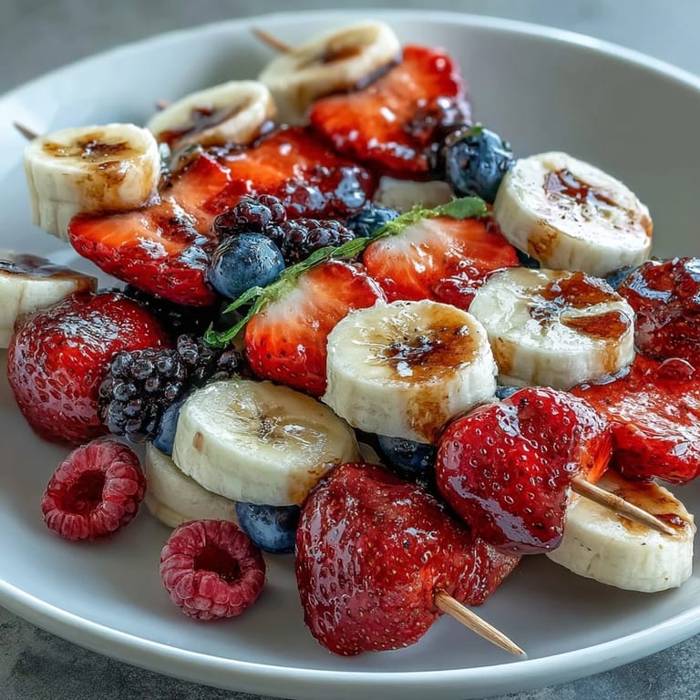 Fresh, colorful fruit skewers featuring strawberries, bananas, and blueberries—perfect for patriotic parties and summer picnics.  