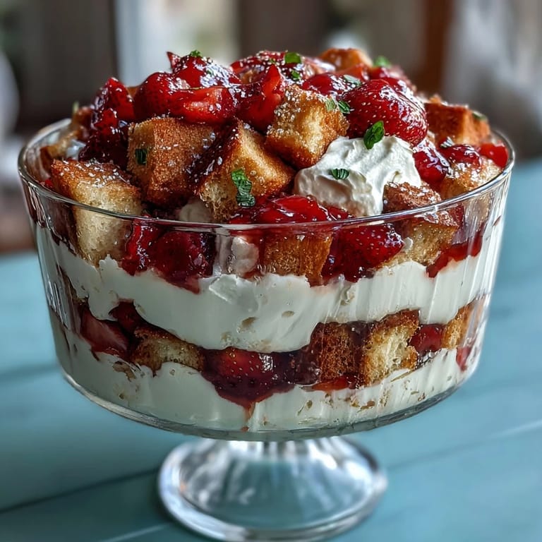 Elegant trifle bowl filled with alternating layers of tender shortcake, fresh strawberries, and fluffy vanilla whipped cream.