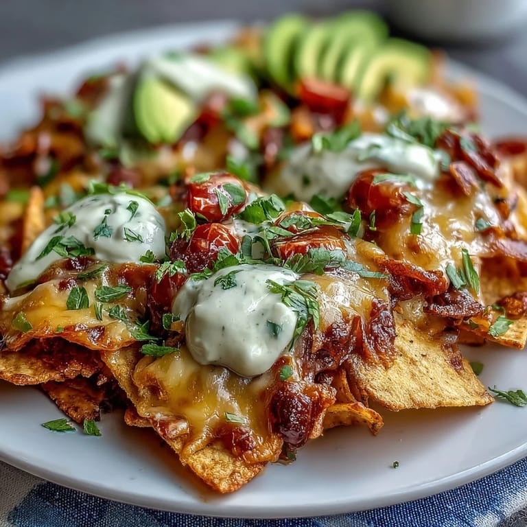 A bubbling cheese sauce cascades over crunchy tortilla chips, loaded with fresh toppings for a Tex-Mex treat.