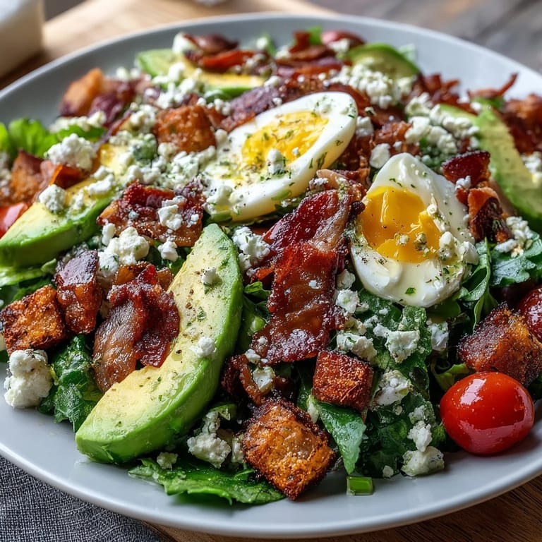 Fresh Spring Cobb Salad with Strawberries and Avocado, arranged with vibrant vegetables and optional bacon for a delightful, nutrient-packed lunch.