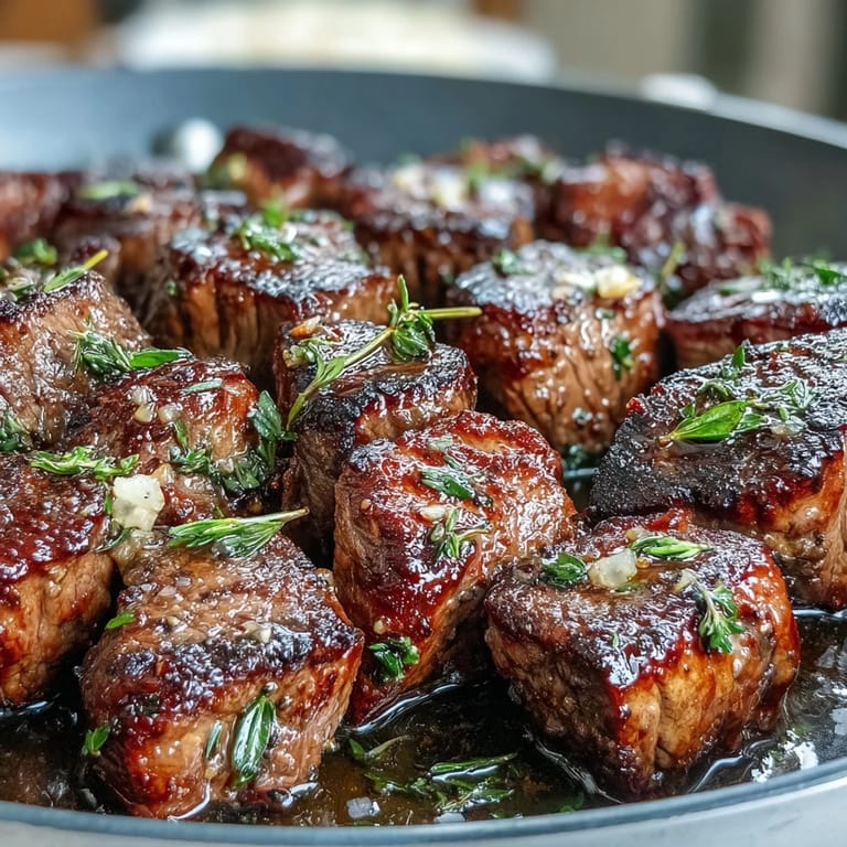 Tender steak bites tossed in a fragrant garlic herb butter sauce, served hot from a single pan for easy cleanup.